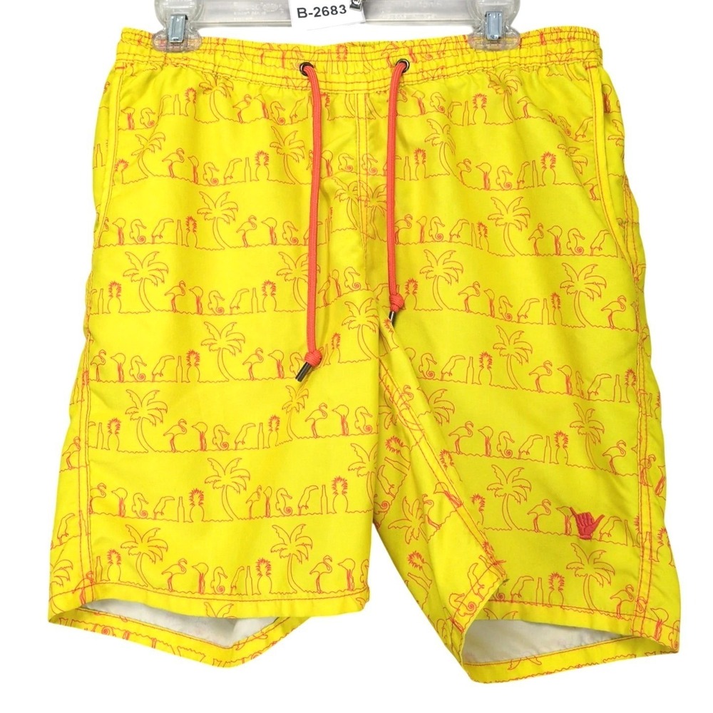 Beach Bros Yellow Flamingo Palm Swim Trunks Mens S Mesh Lined Tropical Beach